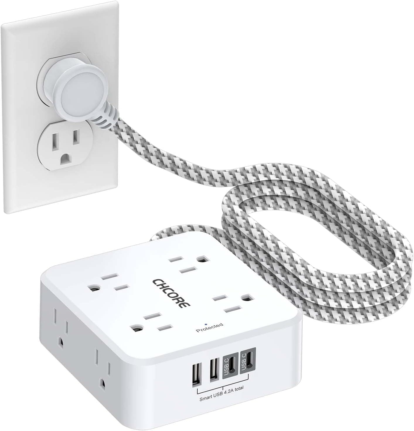CHCORE 서지 프로텍터 전원 스트립 - 5피트 브레이드 코드, 8개 아울렛 + 4개 USB (2개 USB-C), 평면 플러그